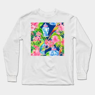 Macaw parrots and chinoiserie jars on navy blue Long Sleeve T-Shirt